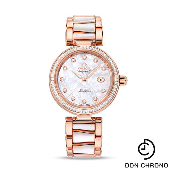 Omega De Ville Ladymatic Omega Co-Axial Watch - 34 mm Sedna Red Gold Case - Diamond Bezel - Mother-Of-Pearl Diamond Dial - Sedna Gold Bracelet - 425.65.34.20.55.007