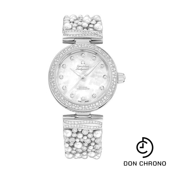Omega De Ville Ladymatic Omega Co-Axial - 34 mm White Gold Case - Diamond Bezel - White Pearled Mother-Of-Pearl Diamond Dial - 425.65.34.20.55.013