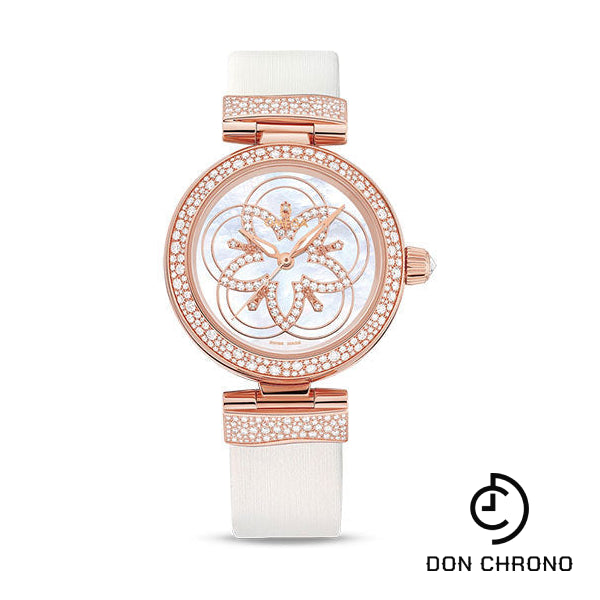 Omega De Ville Ladymatic Omega Co-Axial Watch - 34 mm Sedna Gold Case - Diamond Bezel - White Dial - White Leather Strap - 425.67.34.20.55.009