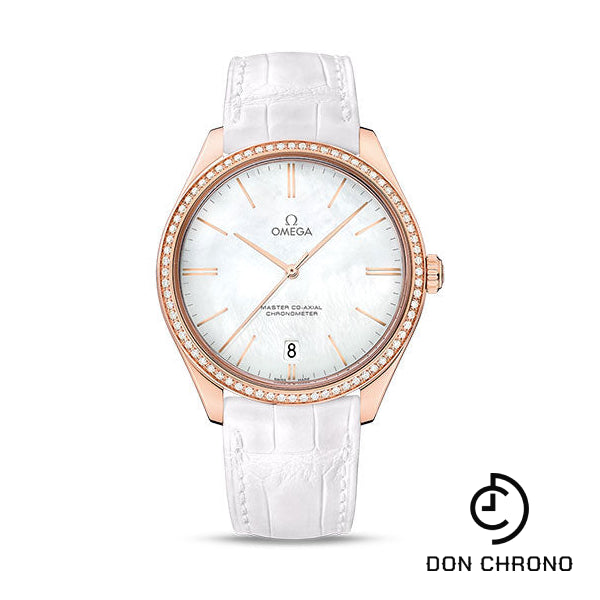 Omega De Ville Tresor Omega Master Co-Axial Watch - 40 mm Sedna Gold Case - Diamond Bezel - White Dial - White Leather Strap - 432.58.40.21.05.001