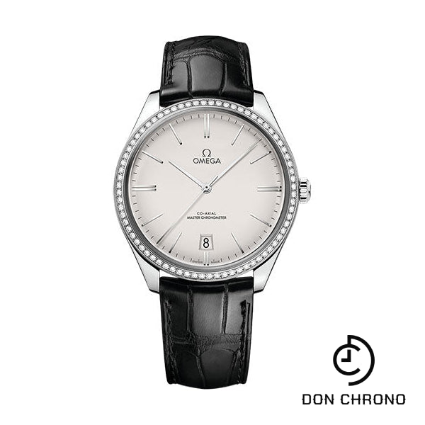 Omega De Ville Tresor Omega Co-Axial Master Chronometer - 40 mm Steel Case - Diamond Bezel - Opaline Silvery Dial - Black Leather Strap - 435.18.40.21.02.001