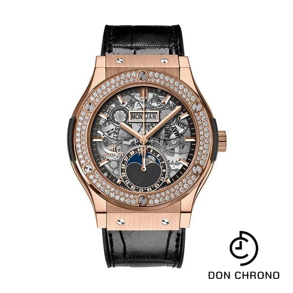 Hublot Classic Fusion Aerofusion Moonphase King Gold Diamonds Watch - 42 mm - Sapphire Dial - Black Rubber and Leather Strap-547.OX.0180.LR.1104