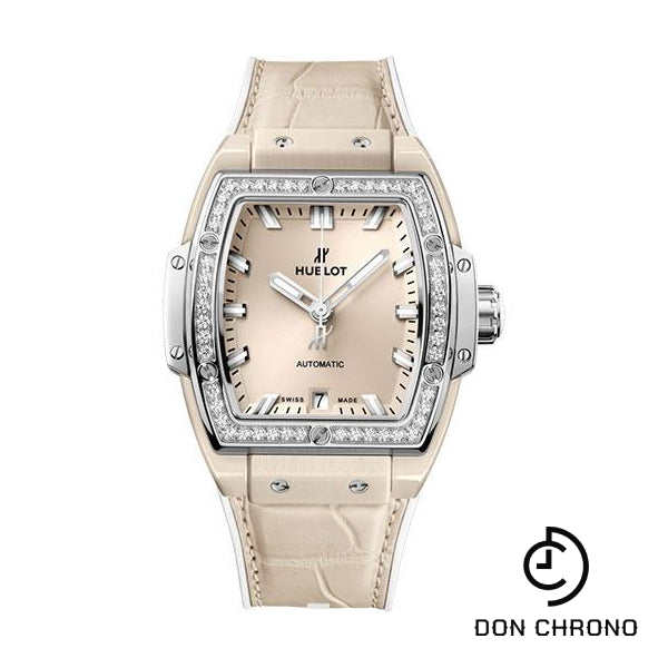 Hublot Spirit of Big Bang Beige Ceramic Titanium Diamonds Watch - 39 mm - Beige Dial - White Rubber and Beige Alligator Strap-665.CZ.891B.LR.1204