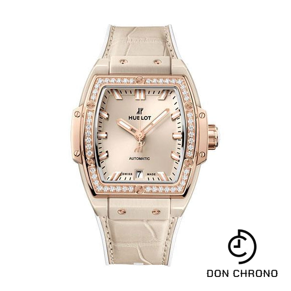 Hublot Spirit of Big Bang Beige Ceramic King Gold Diamonds Watch - 39 mm - Beige Dial - White Rubber and Beige Alligator Strap-665.CZ.898B.LR.1204