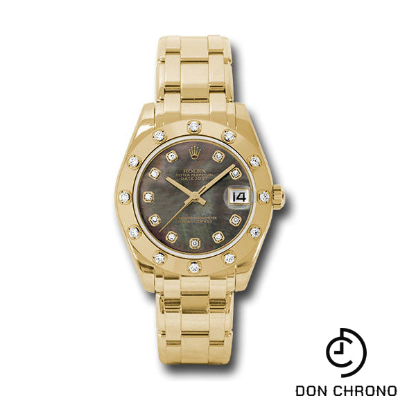 Rolex Yellow Gold Datejust Pearlmaster 34 Watch - 12 Diamond Bezel - Black Mother-Of-Pearl Diamond Dial - 81318 dkmd