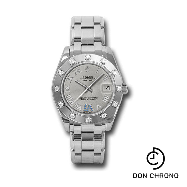Rolex White Gold Datejust Pearlmaster 34 Watch - 12 Diamond Bezel - Silver Roman Dial - 81319 ssr