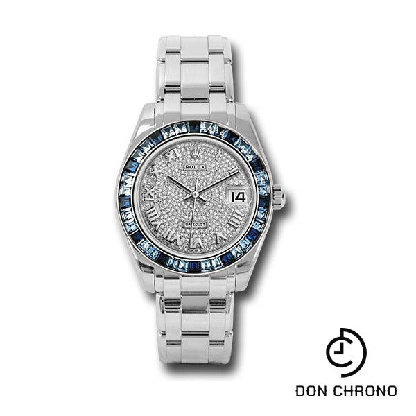 Rolex White Gold Datejust Pearlmaster 34 Watch - 12 Blue And 24 Light-Blue Sapphire Baguettes Bezel - Diamond Paved Roman Dial - 81349SA dpr