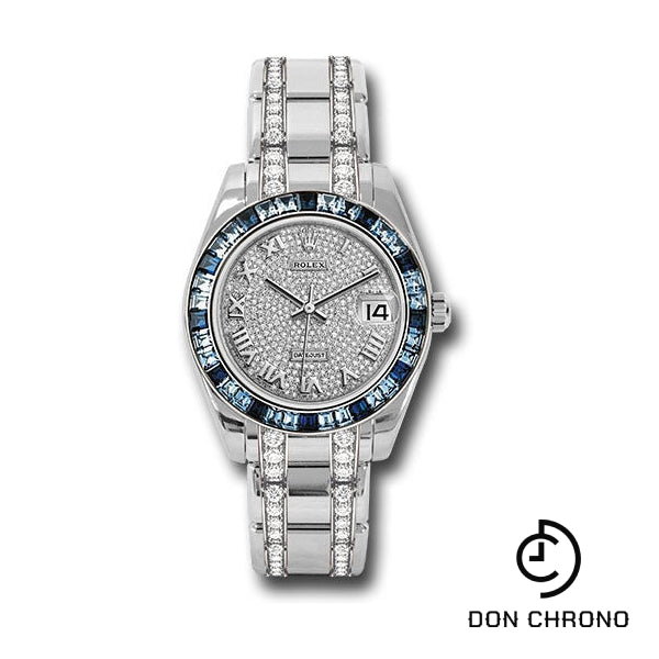 Rolex White Gold Datejust Pearlmaster 34 Watch - 12 Blue And 24 Light-Blue Sapphire Baguettes Bezel - Diamond Paved Roman Dial - 81349SA dprdp