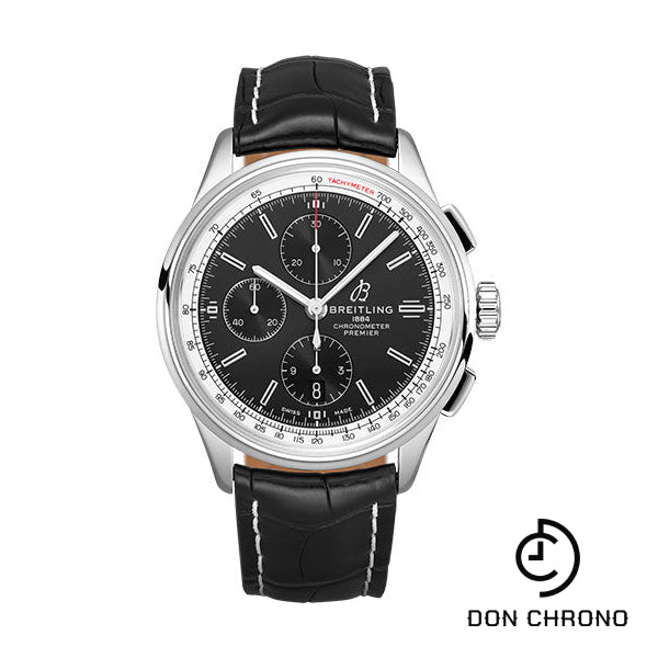 Breitling Premier Chronograph Watch - 42mm Steel Case - Black Dial - Black Croco Strap - A13315351B1P1