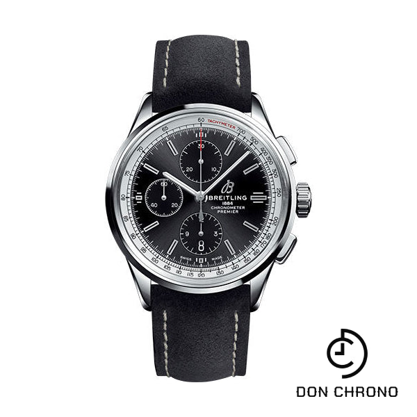 Breitling Premier Chronograph Watch - 42mm Steel Case - Black Dial - Anthracite Nubuck Strap - A13315351B1X1