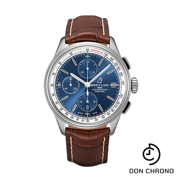 Breitling Premier Chronograph Watch - 42mm Steel Case - Blue Dial - Brown Croco Strap - A13315351C1P1