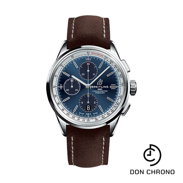 Breitling Premier Chronograph Watch - 42mm Steel Case - Blue Dial - Brown Nubuck Strap - A13315351C1X1