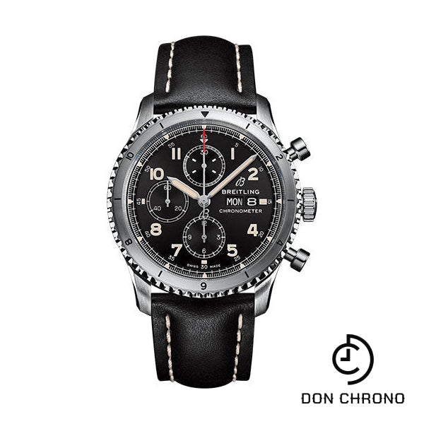 Breitling Aviator 8 Chronograph 43 Watch - Stainless Steel - Black Dial - Black Calfskin Leather Strap - Tang Buckle - A13316101B1X1