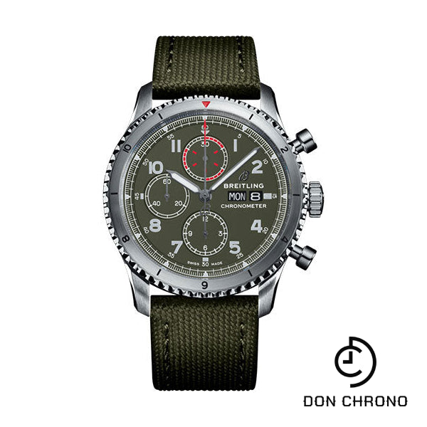 Breitling Aviator 8 Chronograph 43 Curtiss Warhawk Watch - Steel - Green Dial - Khaki Green Military Strap - Folding Buckle - A133161A1L1X2
