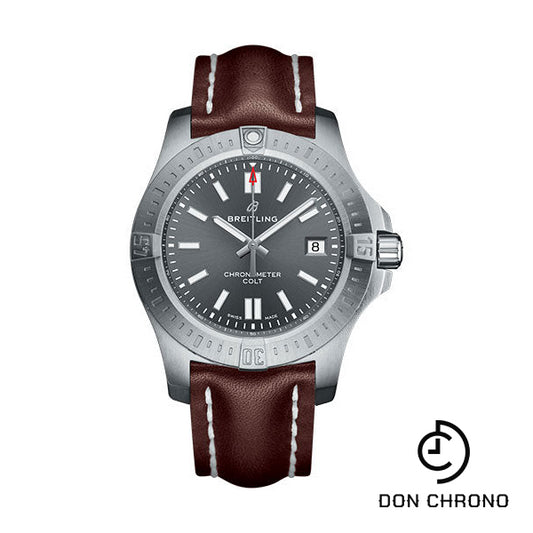 Breitling Chronomat Colt Automatic 41 Watch - Steel Case - Tempest Gray Dial - Brown Leather Strap - A17313101F1X2