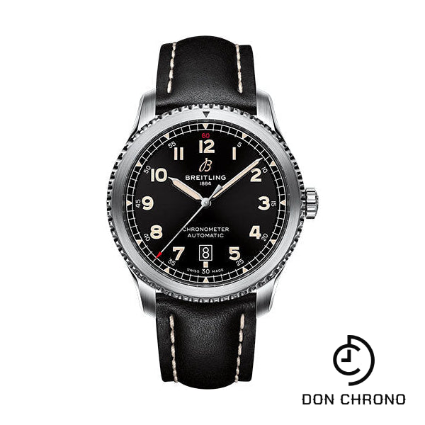 Breitling Aviator 8 Automatic 41 Watch - Stainless Steel - Black Dial - Black Calfskin Leather Strap - Tang Buckle - A17315101B1X1