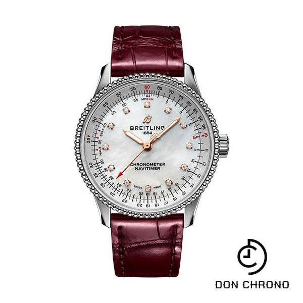 Breitling Navitimer Automatic 35 Watch - Stainless Steel - Mother-Of-Pearl Dial - Burgundy Alligator Leather Strap - Tang Buckle - A17395211A1P1