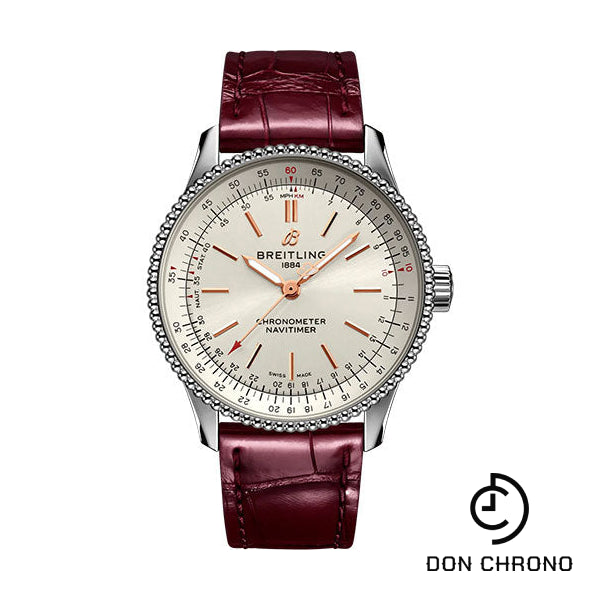 Breitling Navitimer Automatic 35 Watch - Stainless Steel - Silver Dial - Burgundy Alligator Leather Strap - Folding Buckle - A17395F41G1P2