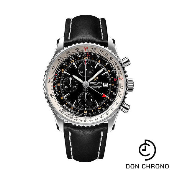 Breitling Navitimer Chronograph GMT 46 Watch - Stainless Steel - Black Dial - Black Calfskin Leather Strap - Folding Buckle - A24322121B2X2
