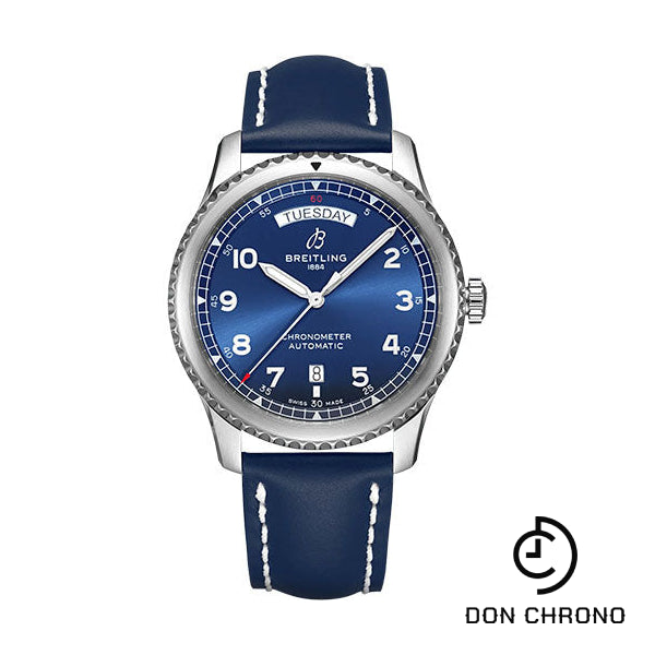 Breitling Aviator 8 Automatic Day & Date 41 Watch - Stainless Steel - Blue Dial - Blue Calfskin Leather Strap - Folding Buckle - A45330101C1X5