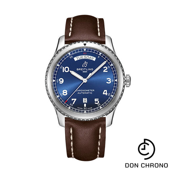 Breitling Aviator 8 Automatic Day & Date 41 Watch - Stainless Steel - Blue Dial - Brown Calfskin Leather Strap - Folding Buckle - A45330101C1X6