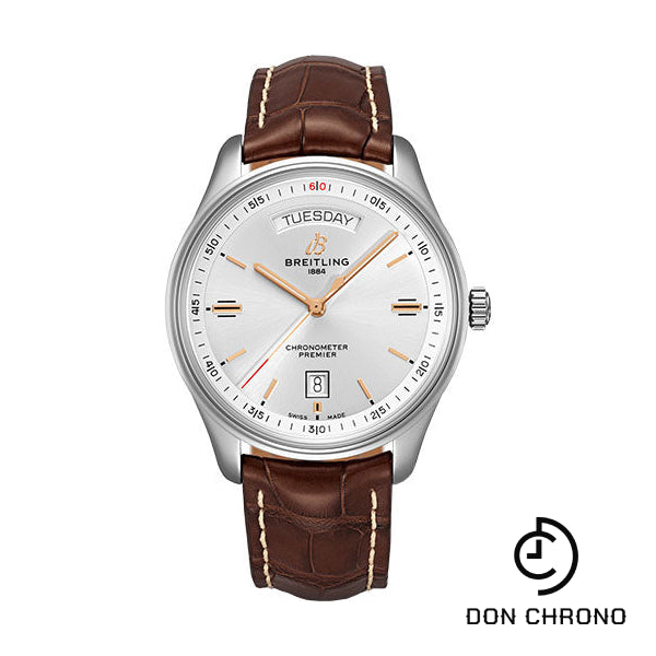 Breitling Premier Automatic Day & Date Watch - 40mm Steel Case - Silver Dial - Brown Croco Strap - A45340211G1P1
