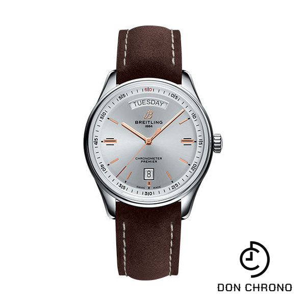 Breitling Premier Automatic Day & Date Watch - 40mm Steel Case - Silver Dial - Brown Nubuck Strap - A45340211G1X1