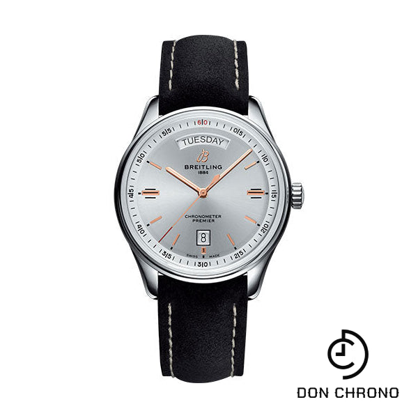 Breitling Premier Automatic Day & Date Watch - 40mm Steel Case - Silver Dial - Black Nubuck Strap - A45340211G1X2