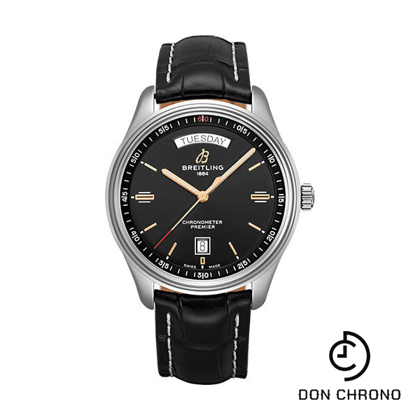 Breitling Premier Automatic Day & Date Watch - 40mm Steel Case - Black Dial - Black Croco Strap - A45340241B1P1