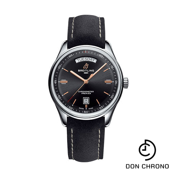 Breitling Premier Automatic Day & Date Watch - 40mm Steel Case - Black Dial - Anthracite Nubuck Strap - A45340241B1X1