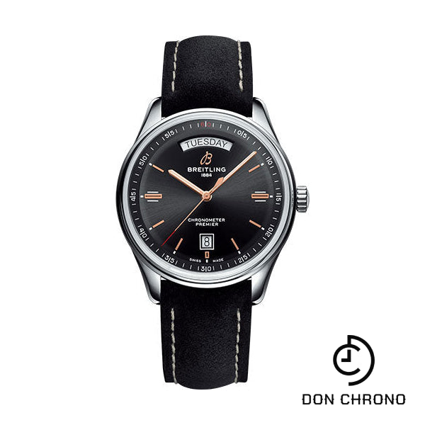 Breitling Premier Automatic Day & Date Watch - 40mm Steel Case - Black Dial - Black Nubuck Strap - A45340241B1X2