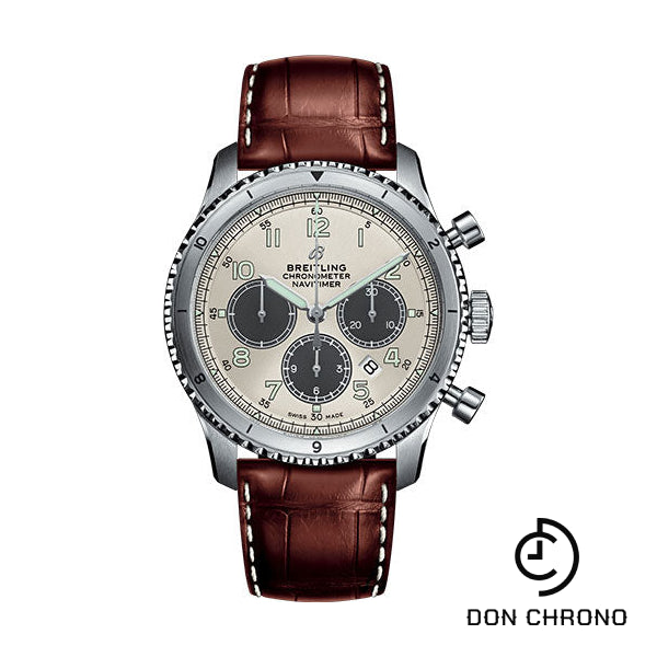 Breitling Aviator 8 B01 Chronograph 43 Watch - Steel Case - Silver Dial - Brown Croco Strap - AB01171A1G1P1