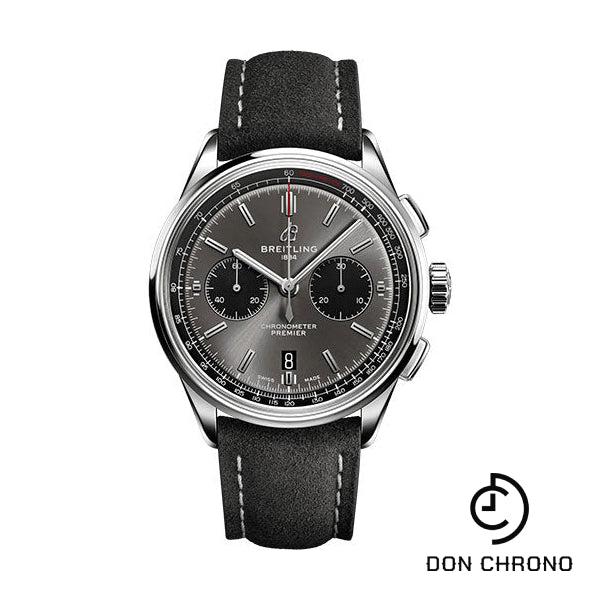Breitling Premier B01 Chronograph 42 Watch - Stainless Steel - Anthracite Dial - Anthracite Calfskin Leather Strap - Tang Buckle - AB0118221B1X2