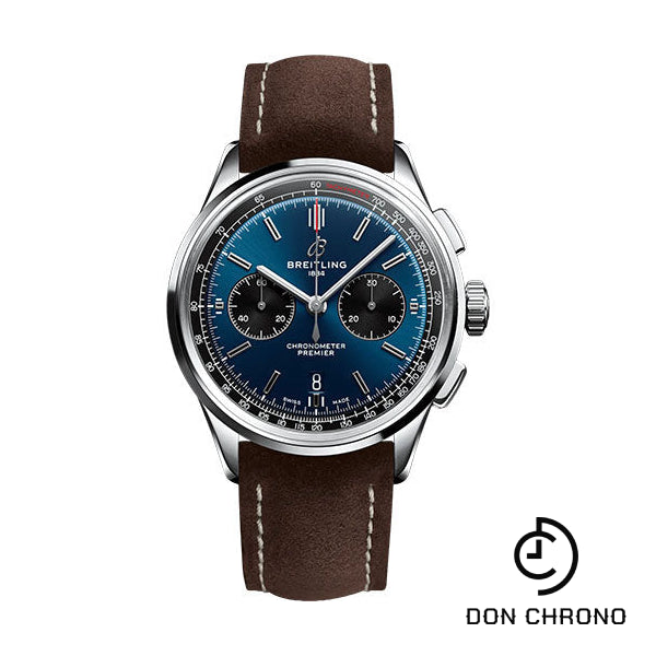 Breitling Premier B01 Chronograph 42 Watch - Stainless Steel - Blue Dial - Brown Calfskin Leather Strap - Folding Buckle - AB0118221C1X1