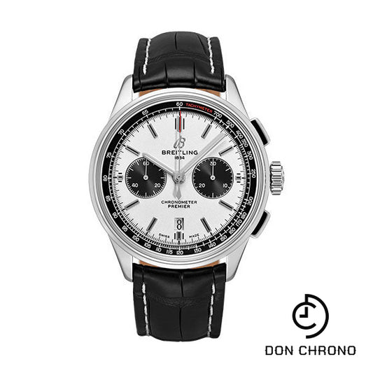 Breitling Premier B01 Chronograph Watch - 42mm Steel Case - Silver Dial - Black Croco Strap - AB0118221G1P1