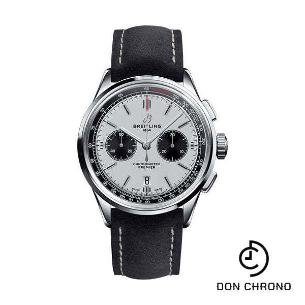 Breitling Premier B01 Chronograph Watch - 42mm Steel Case - Silver Dial - Anthracite Nubuck Strap - AB0118221G1X1