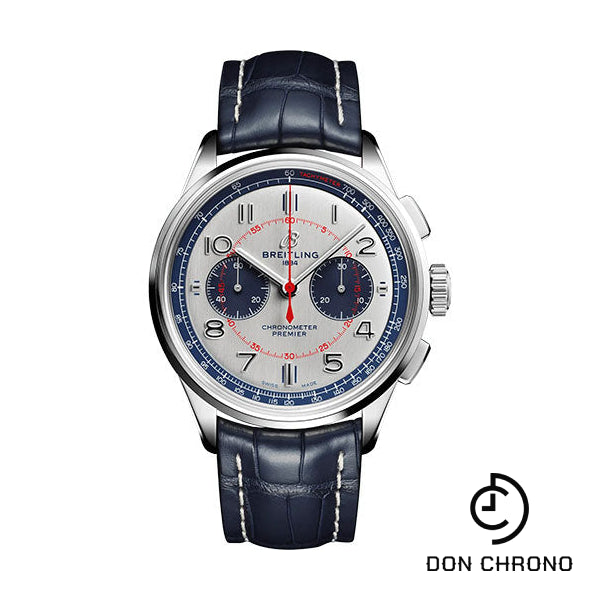 Breitling Premier B01 Chronograph 42 Bentley Mulliner Limited Edition Watch - Stainless Steel - Silver Dial - Blue Alligator Leather Strap - Folding Buckle Limited Edition of 1000 - AB0118A71G1P1