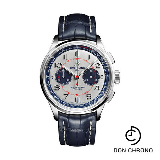 Breitling Premier B01 Chronograph 42 Bentley Mulliner Limited Edition Watch - Stainless Steel - Silver Dial - Blue Alligator Leather Strap - Folding Buckle Limited Edition of 1000 - AB0118A71G1P1