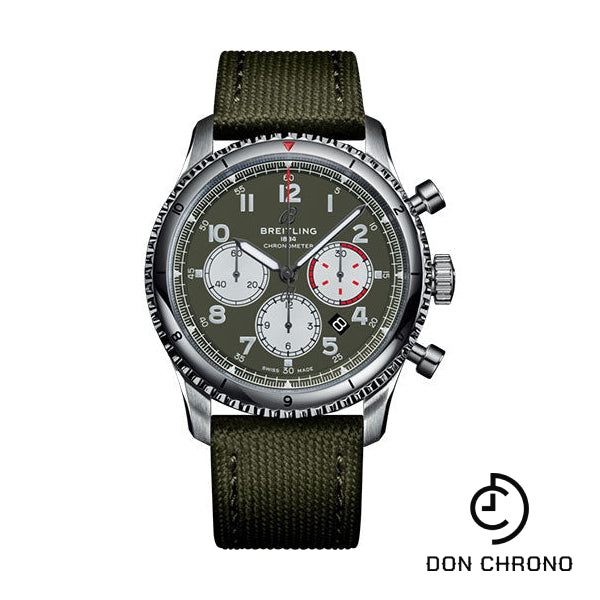 Breitling Aviator 8 B01 Chronograph 43 Curtiss Warhawk Watch - Steel - Green Dial - Khaki Green Military Strap - Tang Buckle - AB01192A1L1X1