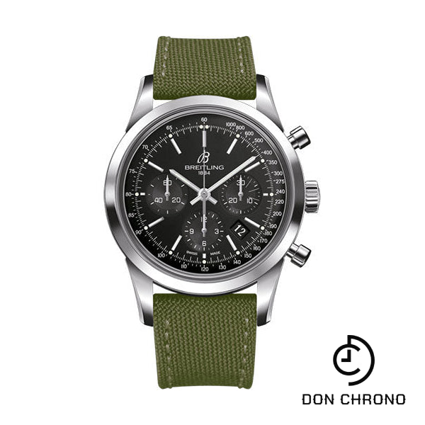 Breitling Transocean Chronograph Watch - Steel - Black Dial - Khaki Green Military Strap - Tang Buckle - AB015212/BA99/106W/A20BA.1