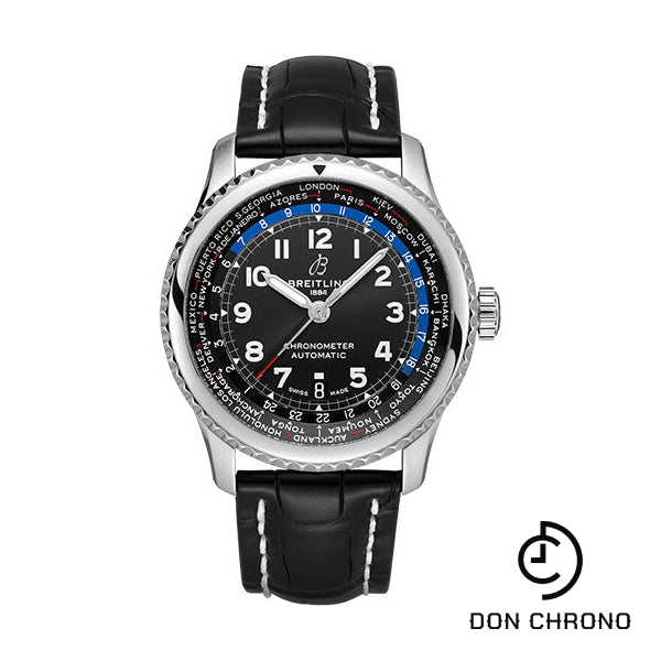 Breitling Aviator 8 B35 Automatic Unitime 43 Watch - Stainless Steel - Black Dial - Black Alligator Leather Strap - Folding Buckle - AB3521U41B1P2