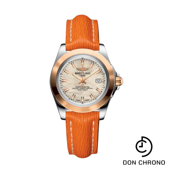 Breitling Galactic 32 Sleek Watch - Steel and 18K Rose Gold - Mother-Of-Pearl Dial - Orange Calfskin Leather Strap - Tang Buckle - C71330121A1X1