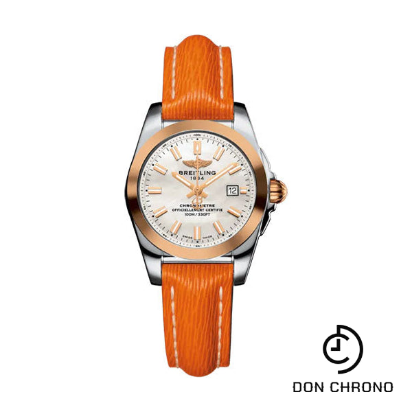 Breitling Galactic 29 Sleek Watch - Stainless Steel - Mother-Of-Pearl Dial - Orange Calfskin Leather Strap - Tang Buckle - C72348121A1X1