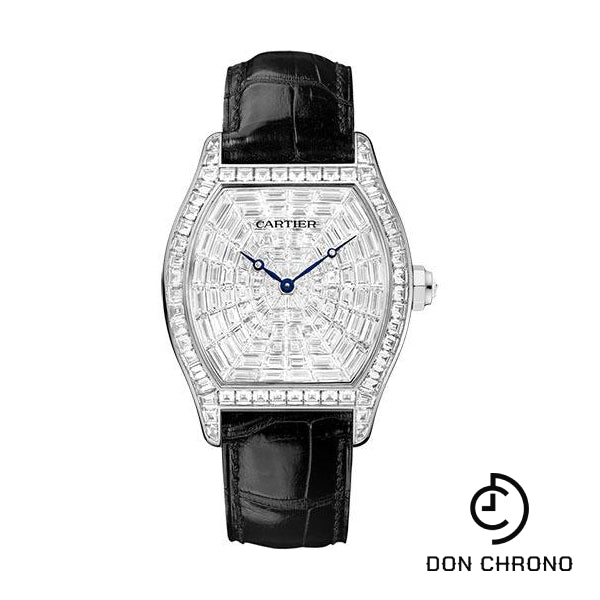 Cartier Tortue Watch - 38 mm White Gold Diamond Case - Diamond Dial - Black Alligator Strap - HPI00502