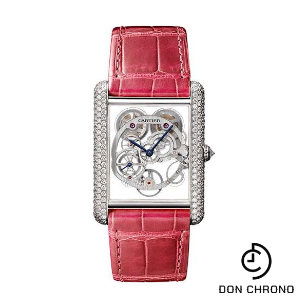 Cartier Feminine Complications Watch - 30 mm White Gold Diamond Case - Diamond Bezel - Silver Dial - Fuchsia Alligator Strap - HPI00705