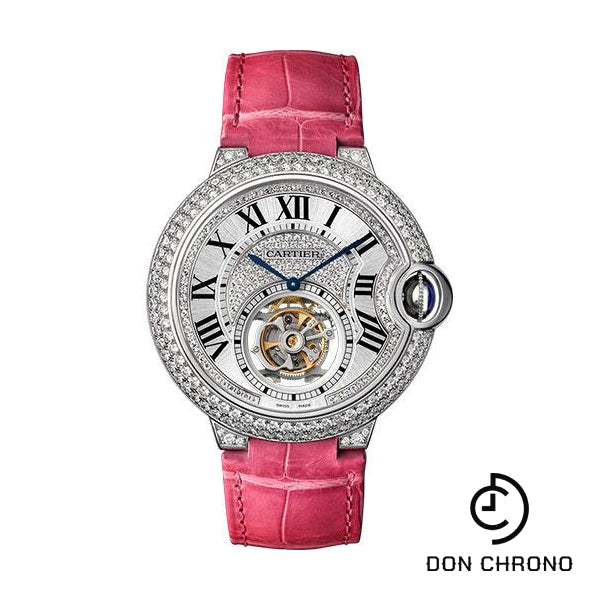 Cartier Feminine Complications Watch - 39 mm White Gold Diamond Case - Diamond Bezel - Diamond Dial - Fuchsia Alligator Strap - HPI00716