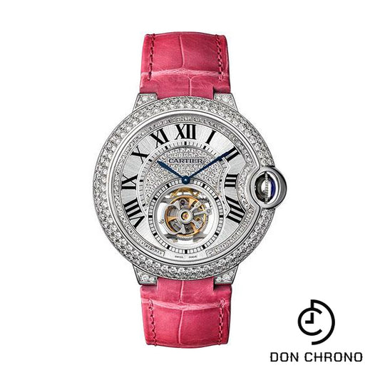 Cartier Feminine Complications Watch - 39 mm White Gold Diamond Case - Diamond Bezel - Diamond Dial - Fuchsia Alligator Strap - HPI00716