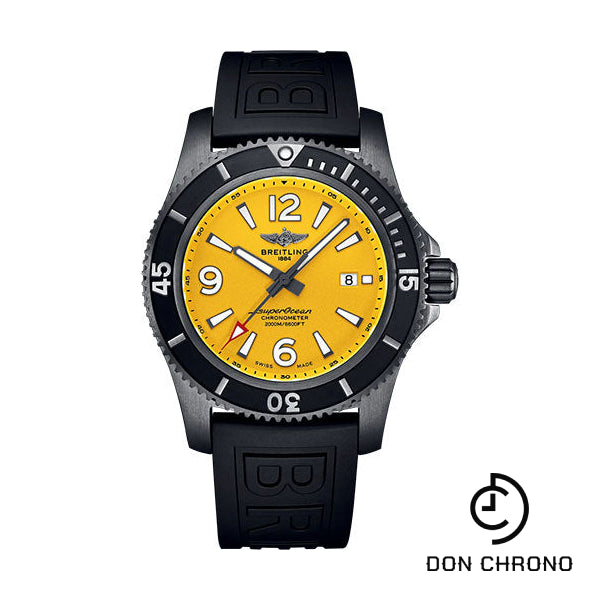Breitling Superocean Automatic 46 Black Steel Watch - DLC-Coated Stainless Steel - Yellow Dial - Black Rubber Strap - Folding Buckle - M17368D71I1S2