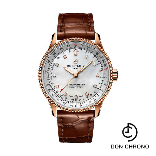 Breitling Navitimer Automatic 35 Watch - 18K Red Gold - Mother-Of-Pearl Dial - Brown Alligator Leather Strap - Folding Buckle - R17395211A1P2