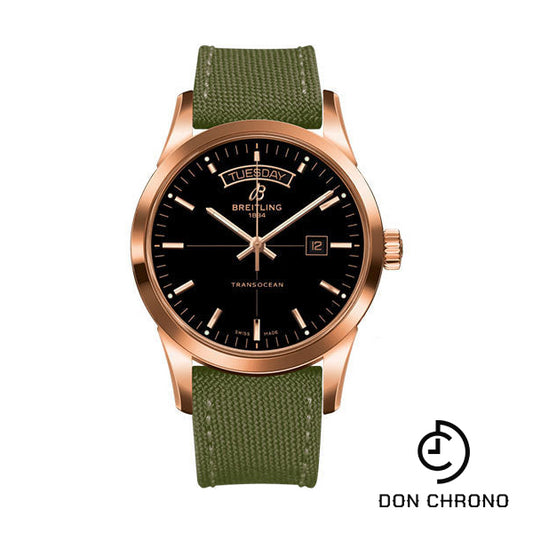 Breitling Transocean Day & Date Watch - 18k Red Gold - Black Dial - Khaki Green Military Strap - Tang Buckle - R4531012/BB70/106W/R20BA.1